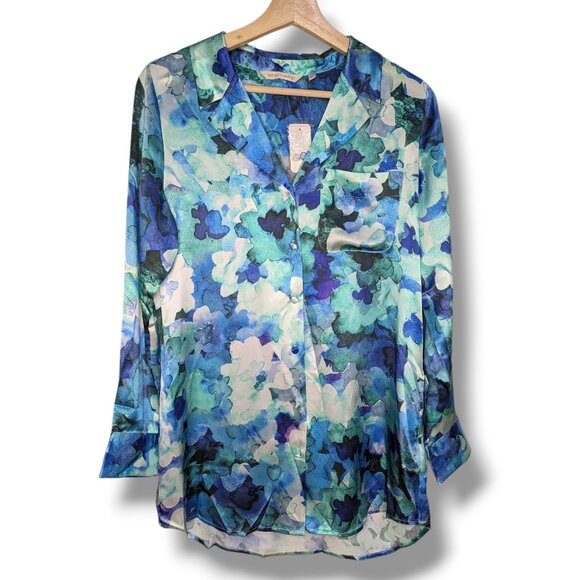 NWT 100% Silk Soft Surroundings Button Up Long Sleeve Blouse Blue Green Art XS - Picture 1 of 5